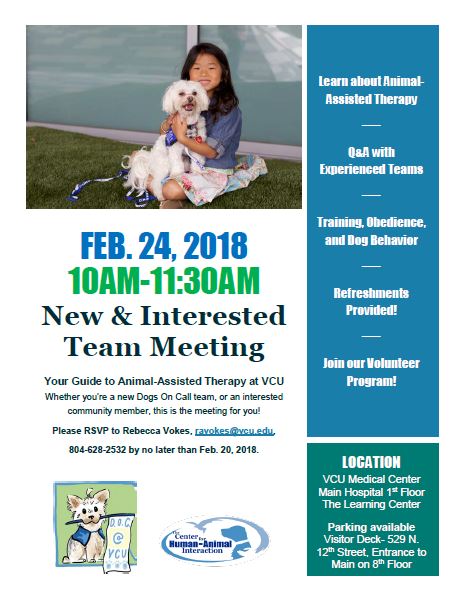Flyer for the Dogs On Call Spring Interest Meeting. The text of the Flyer is written below the image in the post. The photo is of Dogs On Call therapy dog Stewie sitting in the lap of a young friend.